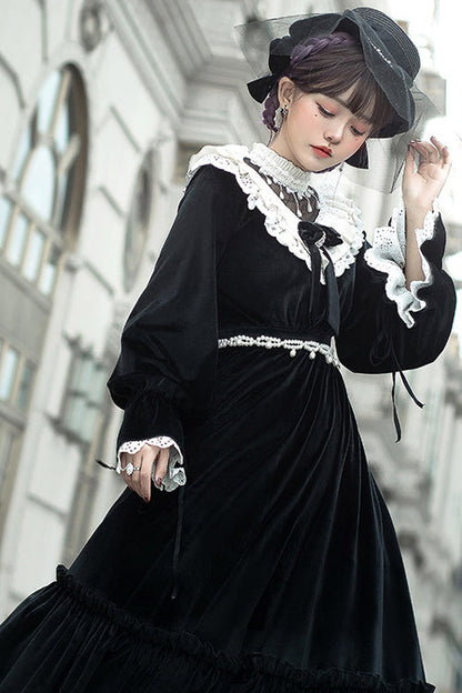 Black Silk Velvet Doll Collar Elegant Long Classic Lolita OP Dress