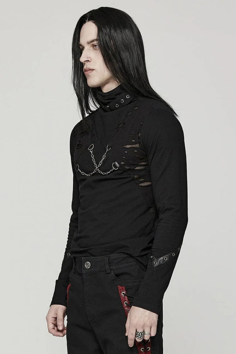Black Stand Collar Long Sleeves Ripped Metal Chain Mens Steampunk T-Shirt