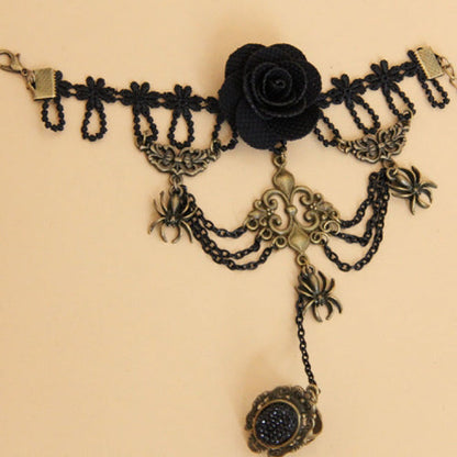 Black Retro Rose Flower Spider Lace Gemstone Female Punk Lolita Ring Bracelet
