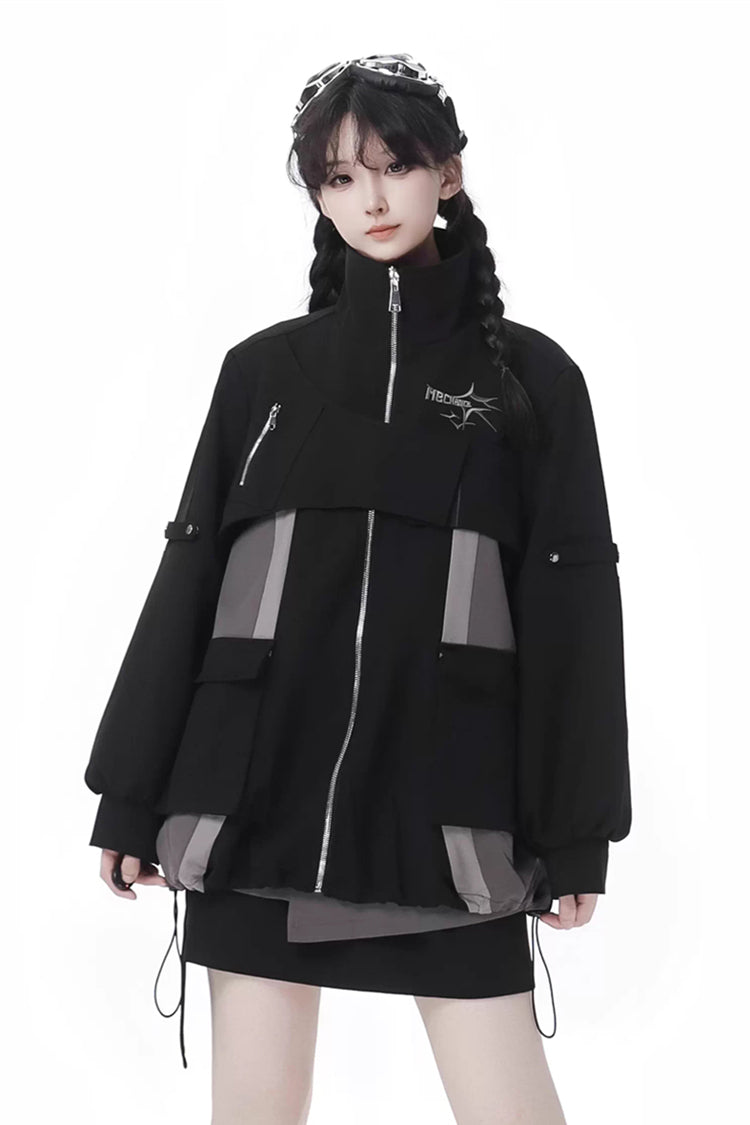 Black [Holographic Cruise] Techwear Long Sleeves Spliced Zippered Gothic Jirai Kei Skirt and Coat Set
