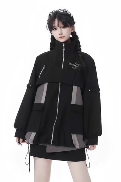 Black [Holographic Cruise] Techwear Long Sleeves Spliced Zippered Gothic Jirai Kei Skirt and Coat Set
