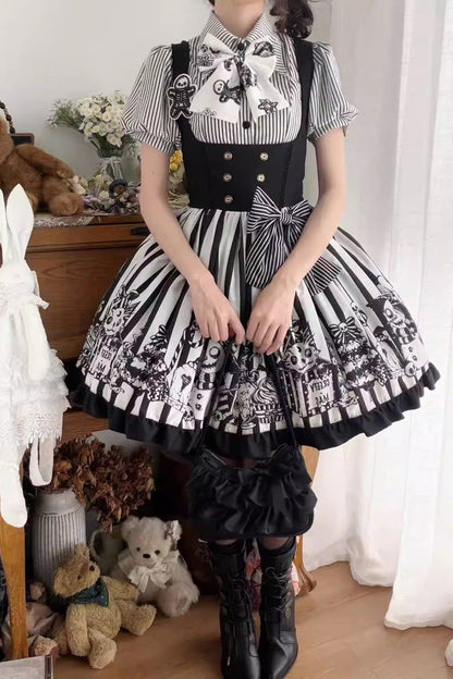 Black/White [A Weird Christmas] Sleeveless Printed Ruffled Gothic Lolita JSK Dress