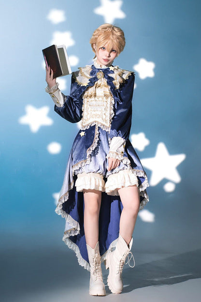Blue Long Sleeves Ombre Ruffled Bow Ouji Gothic Lolita Swallowtail Dress Shorts Set