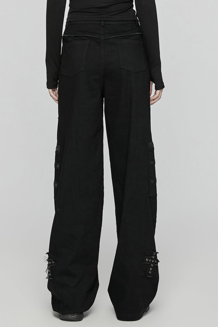 Black Women's Punk Cross Patch Big-pocket Denim Pants
