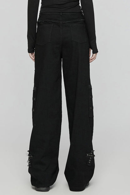Black Women's Punk Cross Patch Big-pocket Denim Pants