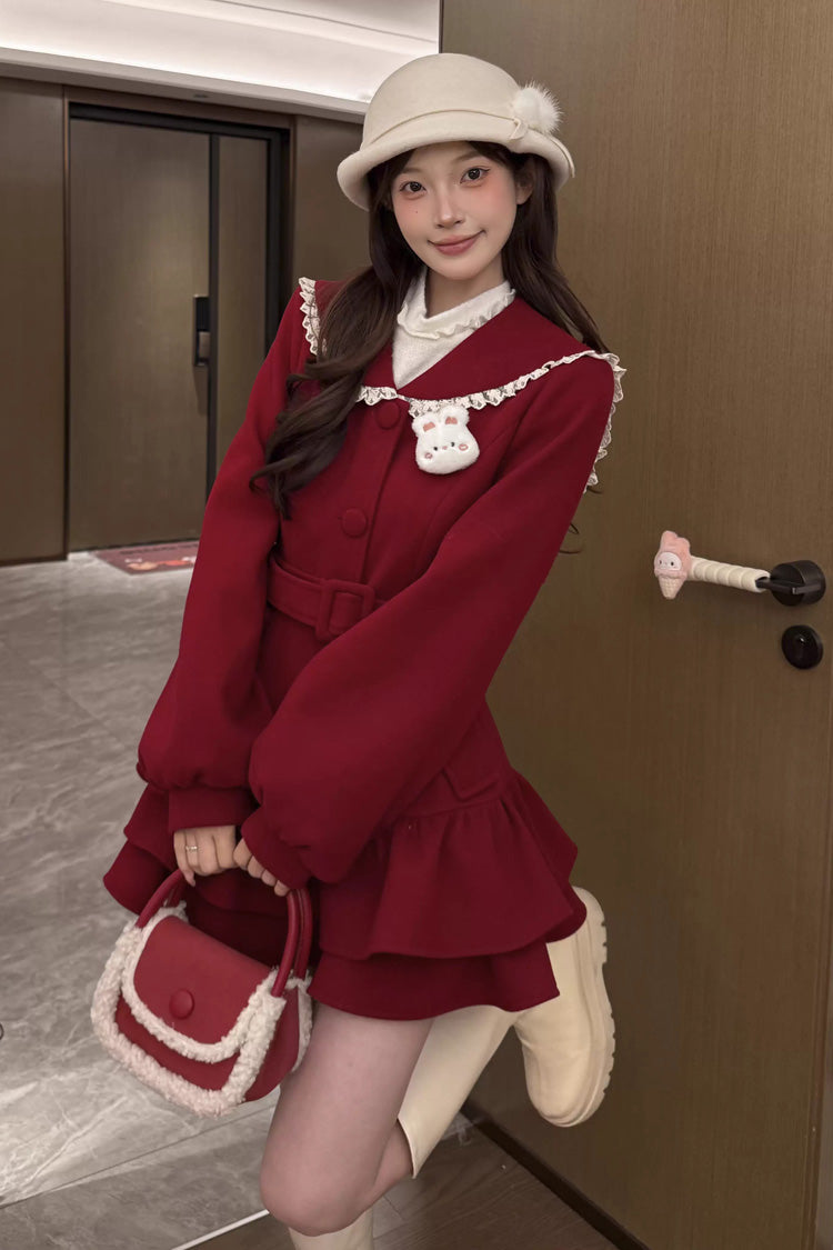 Red [Berry Champagne] Doll Collar Long Sleeves Double-Layered Ruffled Sweet Princess Lolita Wool-blend Coat