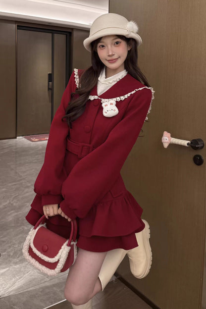 Red [Berry Champagne] Doll Collar Long Sleeves Double-Layered Ruffled Sweet Princess Lolita Wool-blend Coat