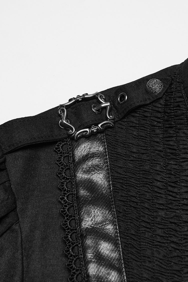 Black Stand Collar Long Puff Sleeves PU Stitching Pleated Men's Gothic Blouse
