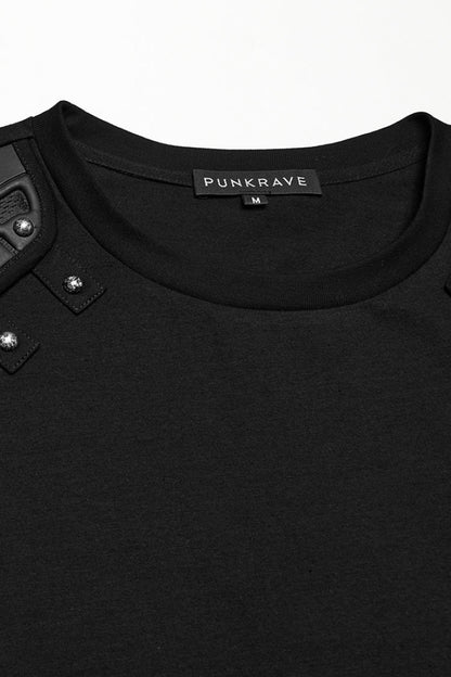 Black Round Collar Sleeveless Studded Stitching Shoulder Patched Men's Punk Vest