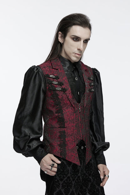 Red Sleeveless Jacquard Buckle Zip Men's Gothic Waistcoat