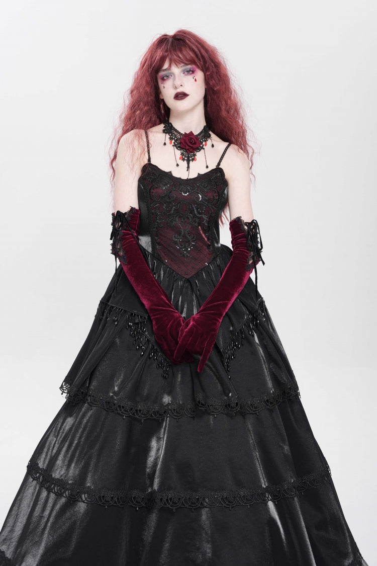 Black Sleeveless Multi-Layered Embroidery Pearl Women's Gothic Slip Dress