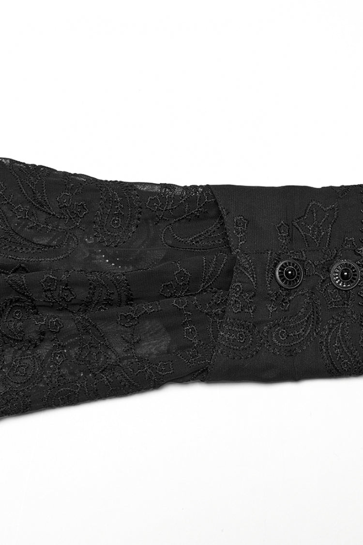 Black Stand Collar Chiffon Long Sleeves Hollow Embroidery Men's Gothic Blouse