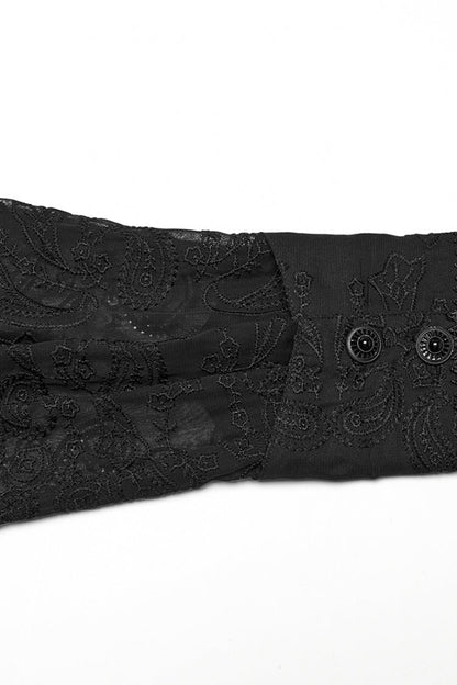 Black Stand Collar Chiffon Long Sleeves Hollow Embroidery Men's Gothic Blouse