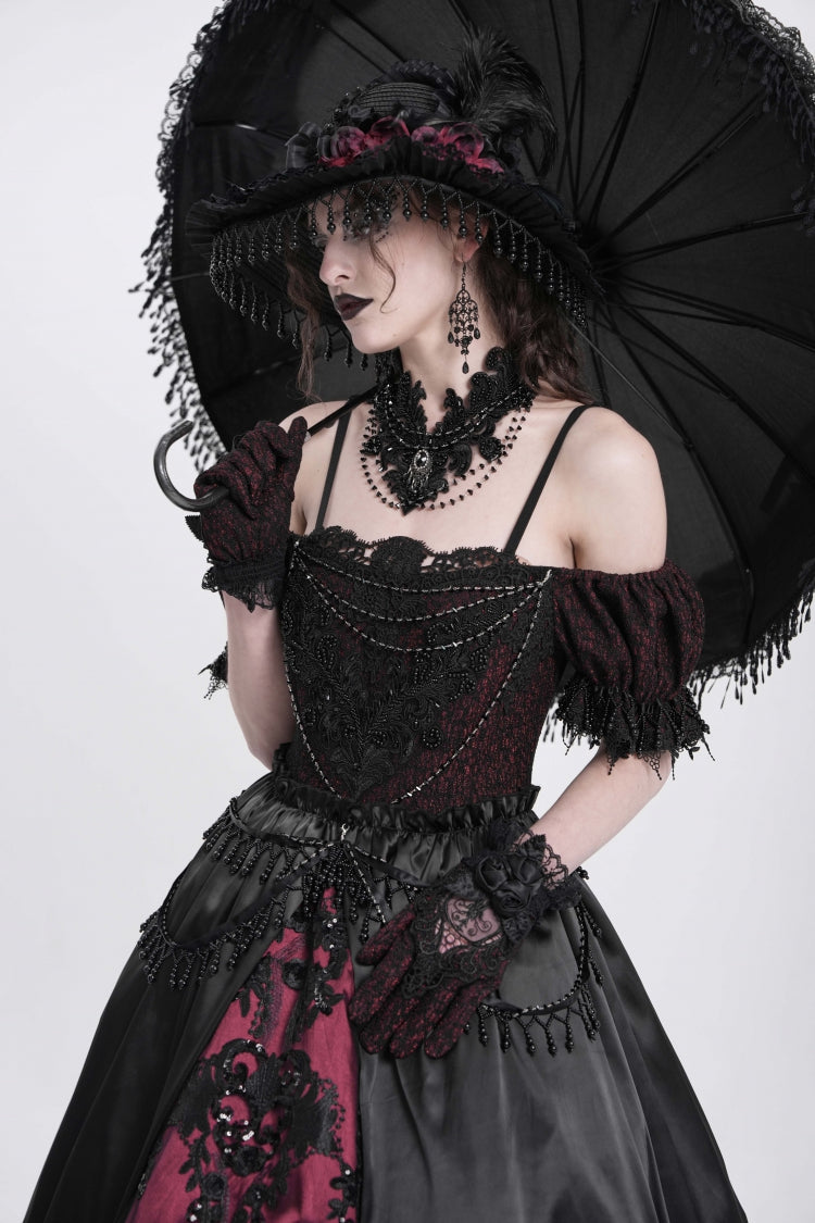 Black/Red Off Shoulder Embroidery Stitching Lace Women's Gothic Dress