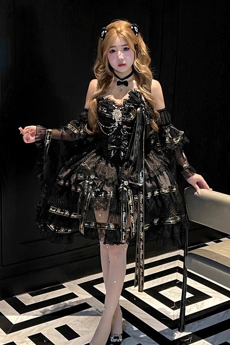 Black [Golden Obsidian Night] Sleeveless Double-Layered Ruffle Bowknot Pearl Gothic Princess Lolita Dress