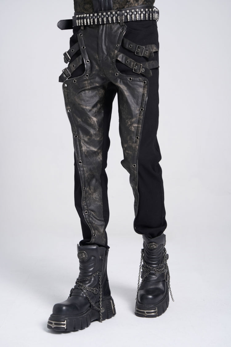 Black/Grey Faux Leather Stitching Buckle Men's Punk Pants