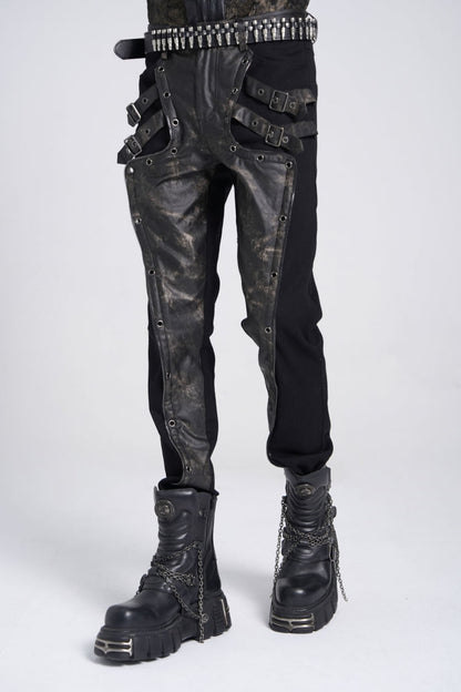 Black/Grey Faux Leather Stitching Buckle Men's Punk Pants