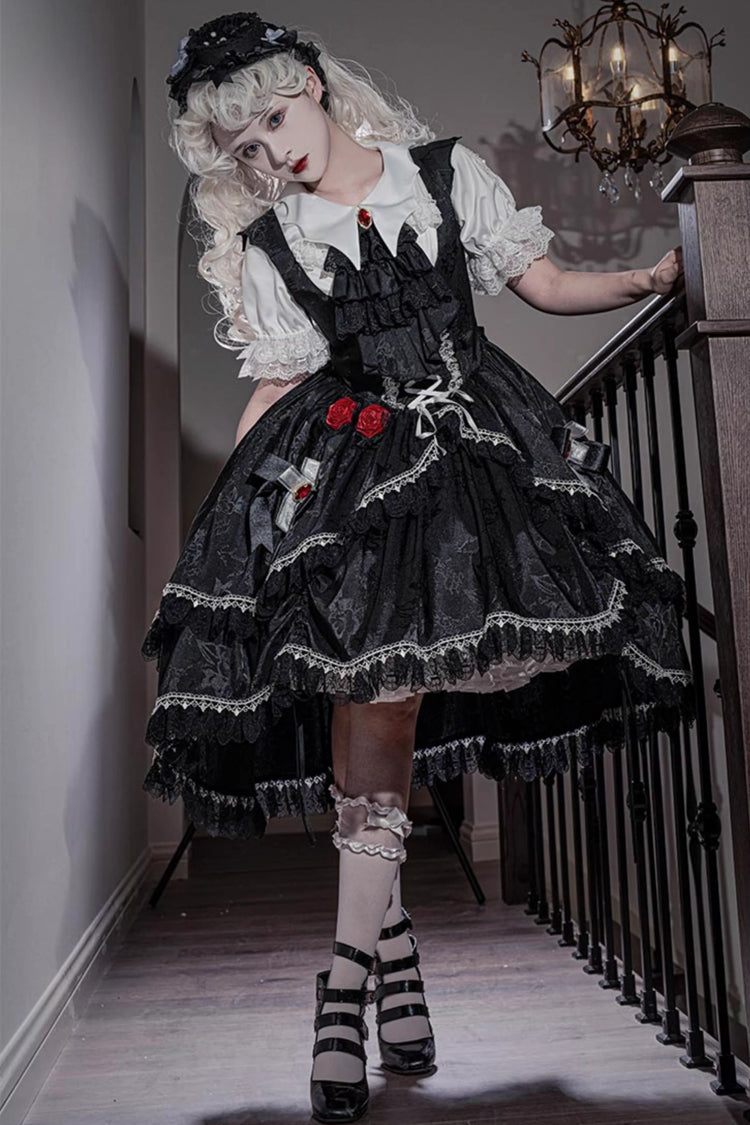 Black [Night Rose] Ruffle Bowknot Lace-Up Short Front and Long Back Gothic Gorgeous Lolita Jsk Dress