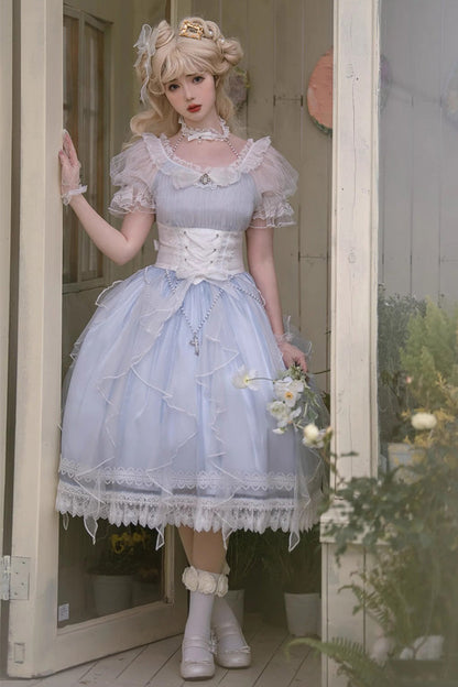 Blue Round Collar Mermaid Tears Short Sleeves Bowknot Sweet Princess Lolita Dress