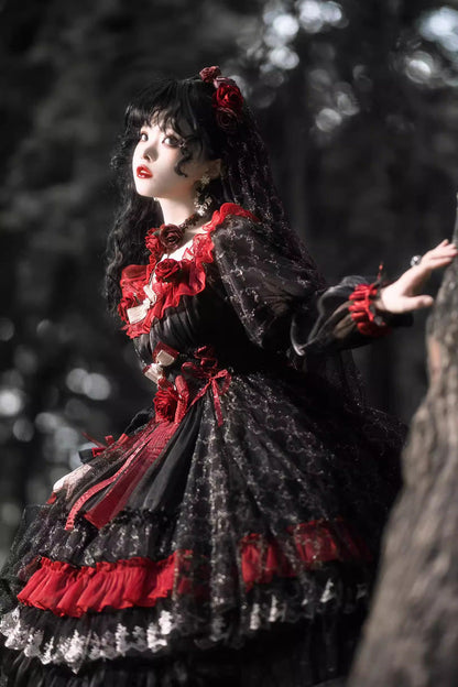 Black/Red [Perlia’s Night] Long Puff Sleeves Ruffled Open-Front Bow Lace Gothic Lolita Dress