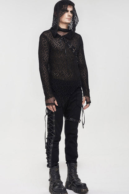 Black Punk Long Sleeve Elasticity Big Hole Mesh Drawstring Design Irregular Hooded Men's Shirt