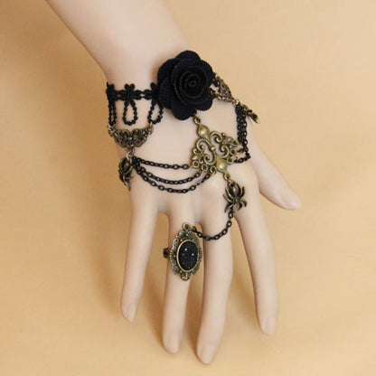 Black Retro Rose Flower Spider Lace Gemstone Female Punk Lolita Ring Bracelet