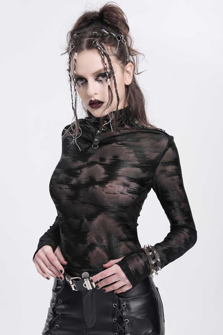 Black Stand Collar Sheer Studded Women's Punk Blouse