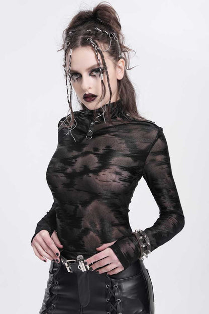 Black Stand Collar Sheer Studded Women's Punk Blouse