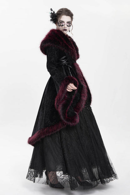 Red Long Sleeves Floral Embroidery Women's Gothic Fluffy Coat