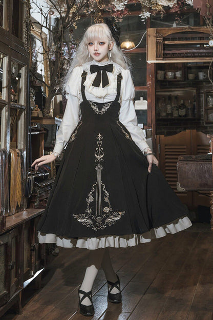 Black/White [Violin Variations] Ruffled Embroidered Gothic Lolita Jumper Dress Set