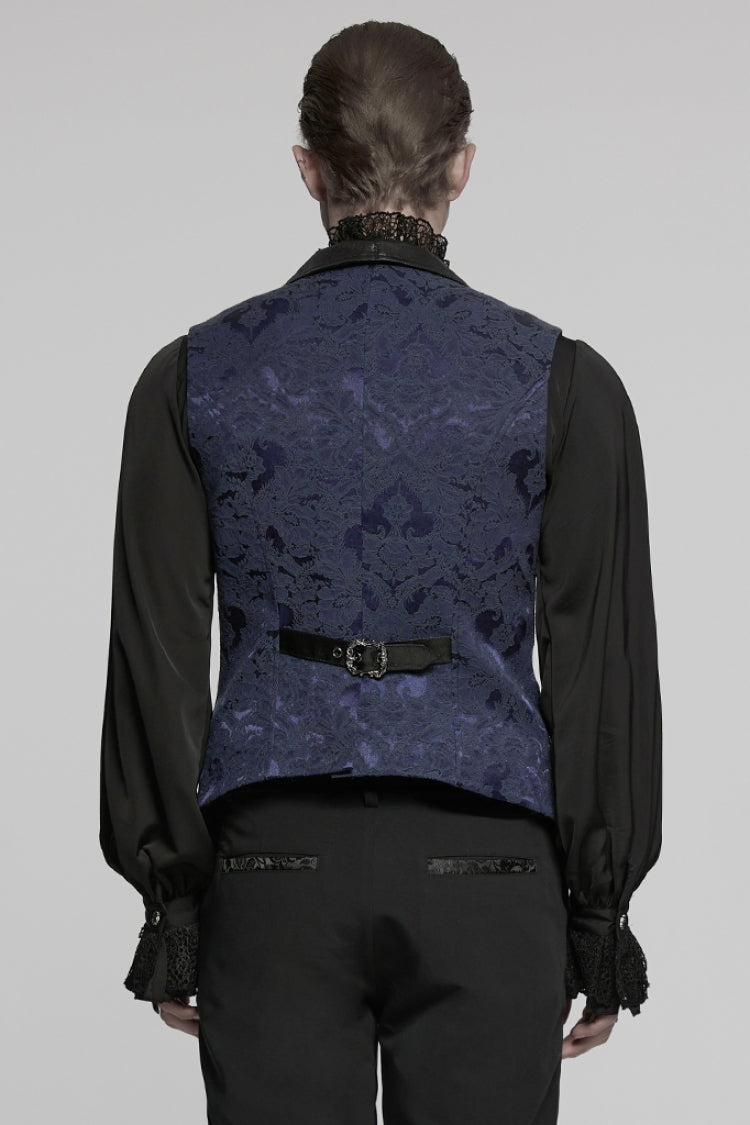 Black/Blue Lapel V-neck Sleeveless Jacquard Buckle Men's Gothic Vest