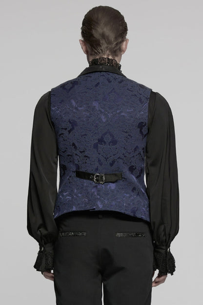 Black/Blue Lapel V-neck Sleeveless Jacquard Buckle Men's Gothic Vest