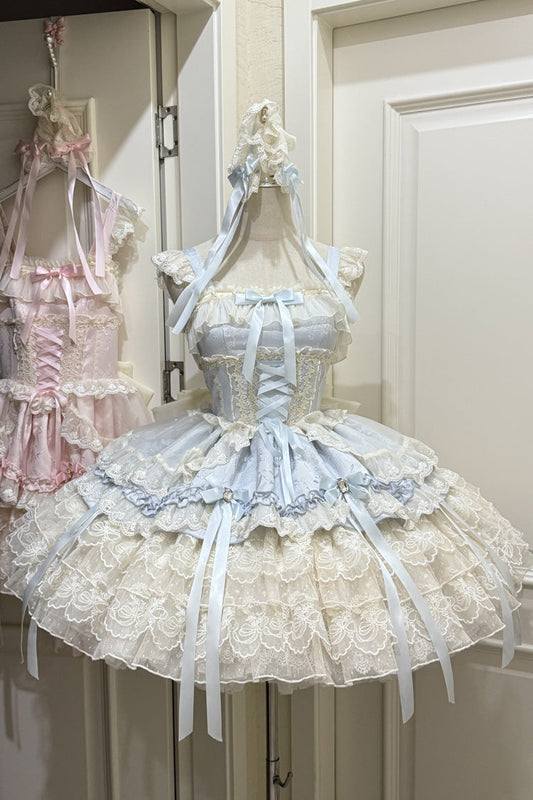 Blue [Ribbon Heart Love] Sleeveless Multi-Layered Ruffle Bowknot Lace Lace-Up Sweet Princess Ballet Lolita Jsk Dress