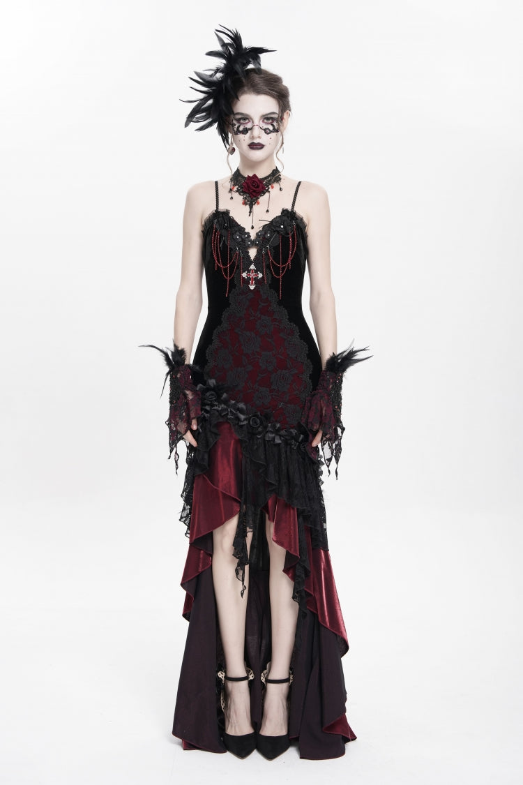 Black/Red Sleeveless Cross Ruffled Floral Embroidered Chain-Decorated Women's Gothic Long Slip Dress