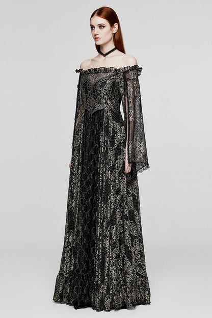 Black/Gold Boat Neck Off Shoulder Print Hollow Stitching Mesh Women's Gothic Dress