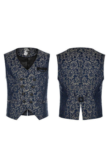 Blue Punk Gorgeous V Neck Asymmetrical Relief Sculpture Jacquard Double Row Hand Seam Button Men's Vest