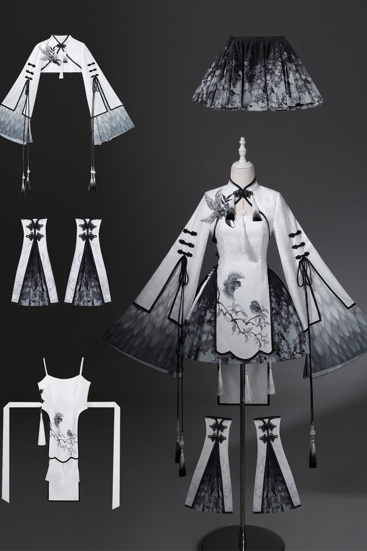 Black/White [Magpie Feather] Stand Collar Shorty High Waisted Printed Embroidered Women's Classic Hanfu Dress Set