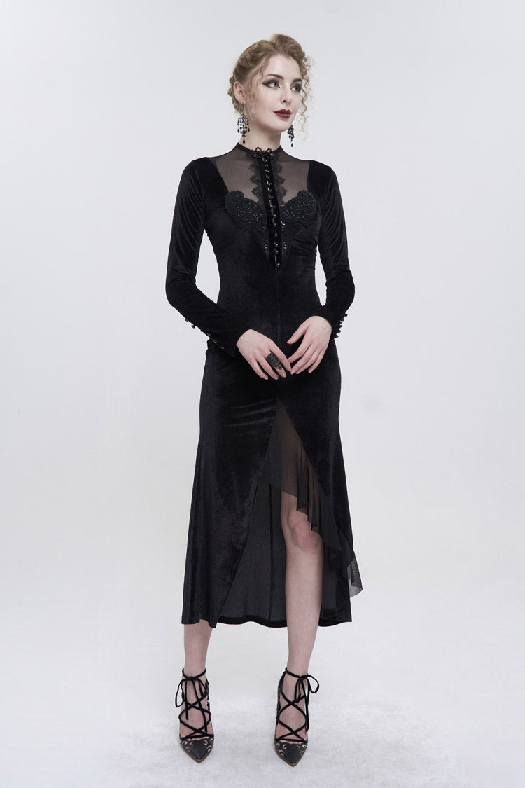 Black Small Stand Collar Cashew Paisley Lace On Chest Mesh Paneled Asymmetrical Hem Long Sleeve Women's Gothic Dress