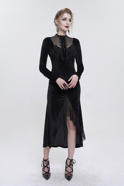 Black Small Stand Collar Cashew Paisley Lace On Chest Mesh Paneled Asymmetrical Hem Long Sleeve Women's Gothic Dress