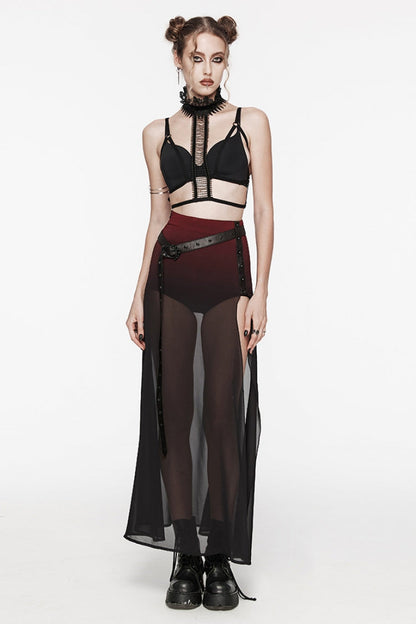 Black/Red Rivet Split Women's Gothic Skirt with Belt