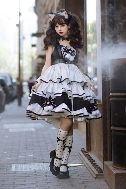 Black/White [Cat Fist] Triple-Layered Ruffle Bowknot Sweet Lolita Jsk Dress