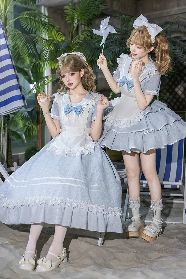 Blue [Seven Day Bell] Navy Collar Short Sleeves Printed Ruffled Bow Sweet Lolita Dress 2 Versions