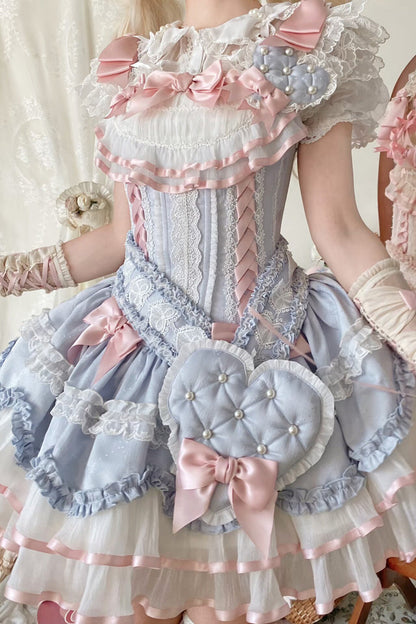 Blue Triple-Layered Ruffled Bow Lace-Up Slim Ballet Sweet Lolita Dress