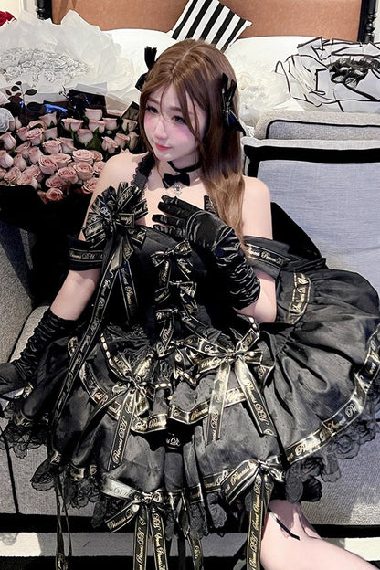 Black [Young Lady] Halterneck Sleeveless Multi-Layered Ruffle Bowknot Elegant Princess Gothic Lolita Dress