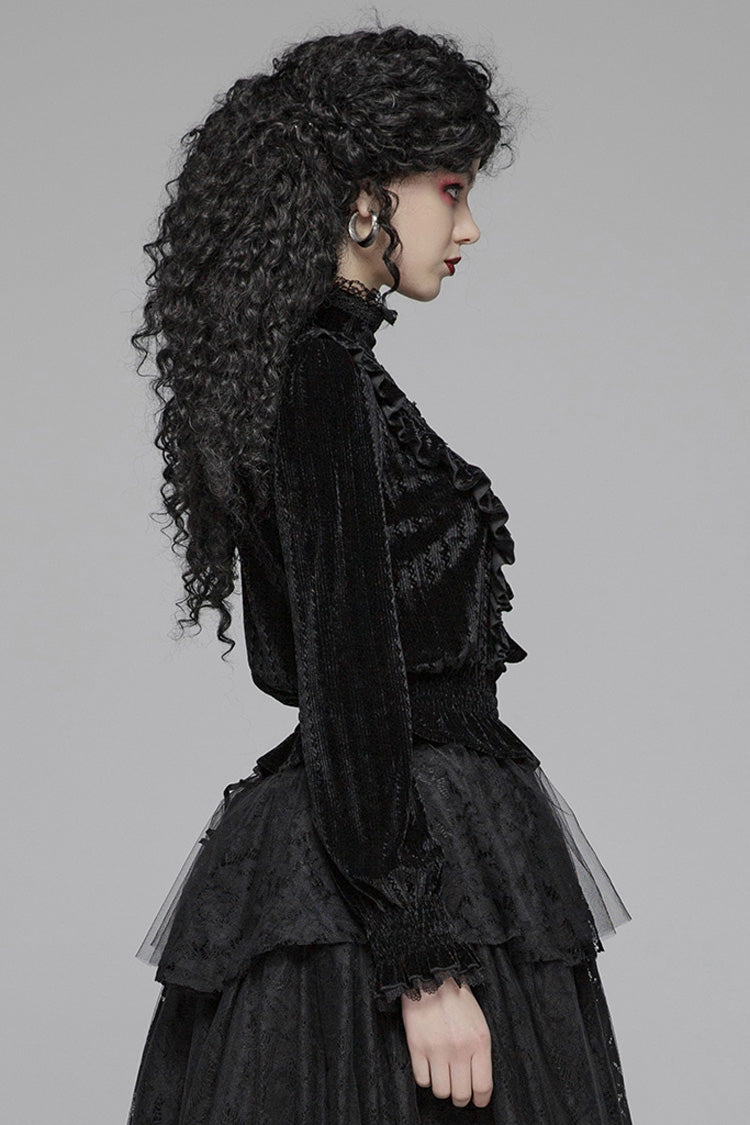 Black Stand Collar Long Sleeves Embroidery Floral Lace Women's Gothic Tops