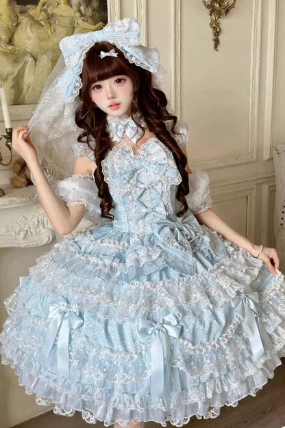 Blue [Dream of the Misty Moon] Sleeveless Multi-Layered Ruffled Bow Lace Pearl-Decorated Sweet Princess Lolita Jsk Dress