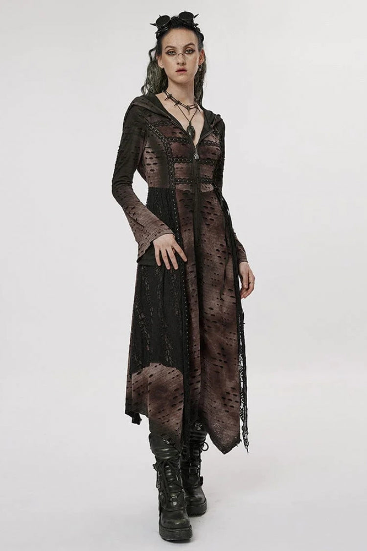 Lace Mesh Irregular Hem Hooded Womens Gothic Coat 2 Colors