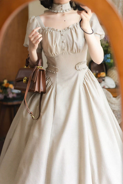 Light Khaki [Chantilly Forest] Square Collar Short Sleeves Striped Printed Ruffled Classic Vintage Elegant Lolita Dress