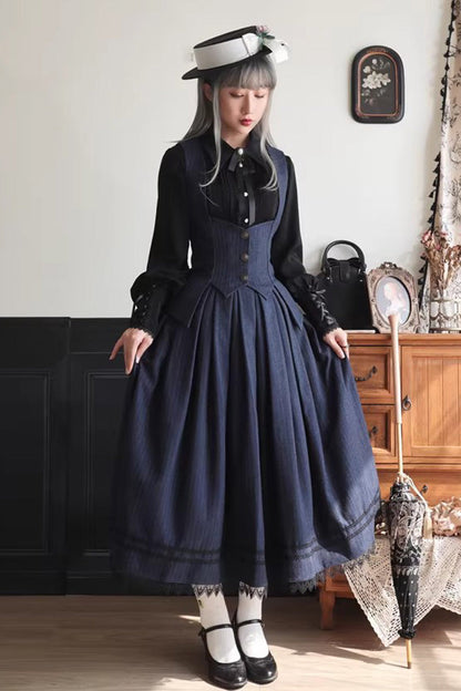 Blue [Griffin’s Pact] Striped Printed Ruffled Gothic Lolita Skirt Vest Set