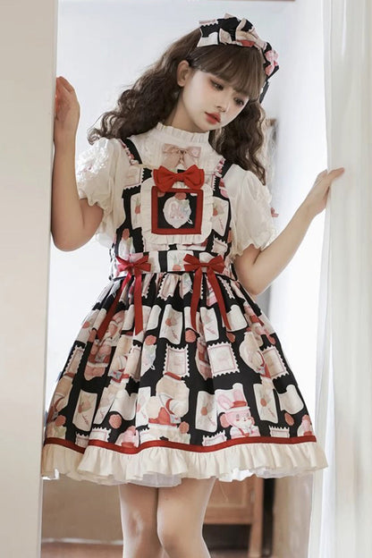 Black [Letter from Showa] Rabbit and letter Print Ruffle Bowknot Sweet Princess Lolita Strap Dress